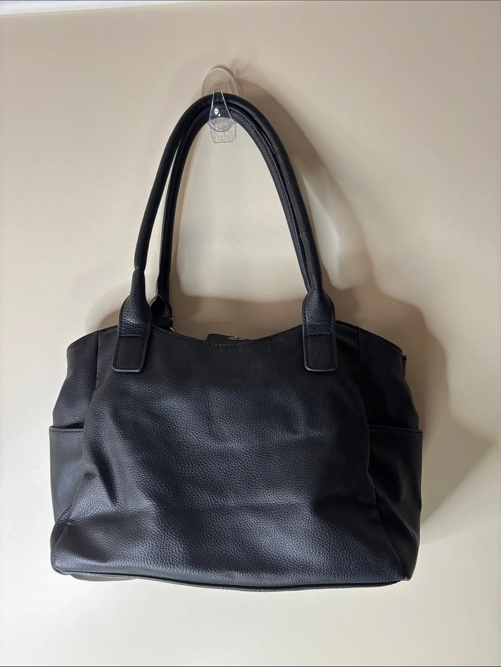 Classic Black Pebbled Shoulder Bag with Front Zip